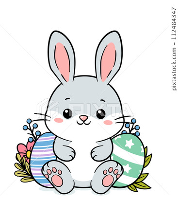 Cute Grey Hand Drawn Baby Easter Bunny Rabbit And Eggs 112484347