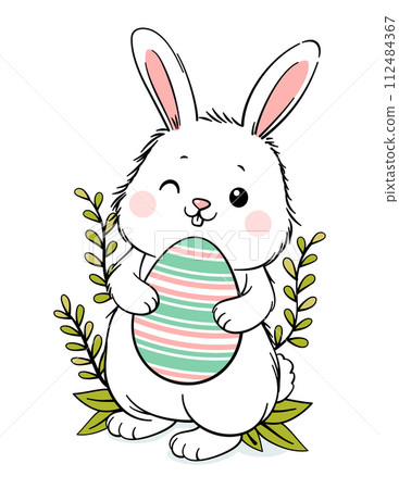 Cute White Easter Bunny Hugging Big Egg 112484367