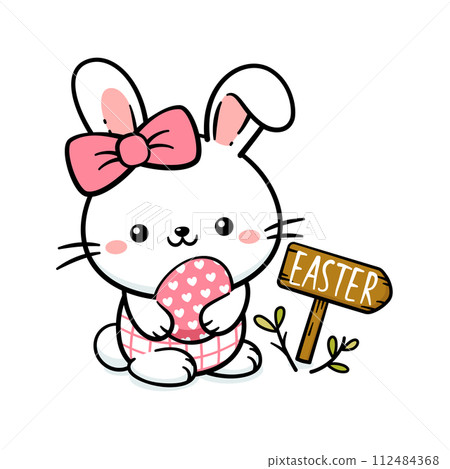 Cute White Easter Bunny Rabbit Girl With An Egg And A Sign 112484368
