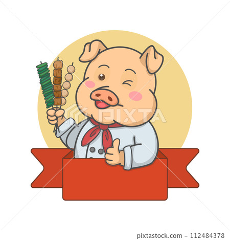 Pig Chef Holding Skewers Mascot Logo Pig Chef Holding Skewers Mascot Logo 112484378