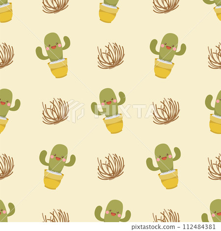 cute cactus cartoon character and tumbleweed seamless pattern 112484381
