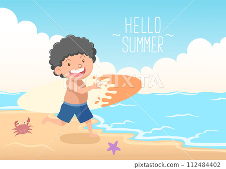 cute kids with surfing board hello summer cute kids with surfing board hello summer 112484402