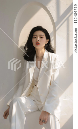一位自然美麗的亞洲女性，穿著簡單的白色服裝 112484719