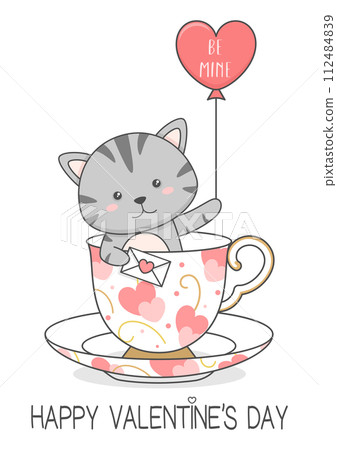 Cute Cat In A Cup Holding Love Letter And Balloon Valentines Day 112484839