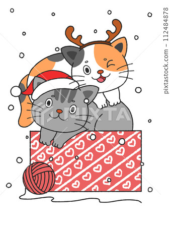 Two Cute Hand Drawn Christmas Kitty Cats In A Box 112484878