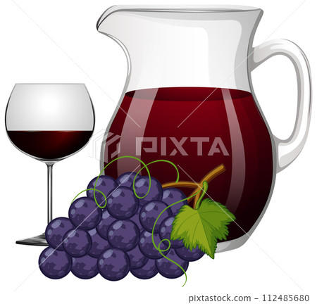 Sangria Pitcher with Wine Glass and Grapes 112485680