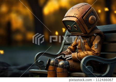lonely sad robot sitting on bench in park against background of nature, created with generative a lonely sad robot sitting on bench in park against background of nature, created with generative a 112486067