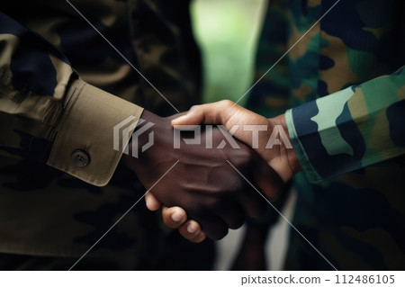 soldiers shaking hands. war peace and end. ceasefire and reconciliation. generative ai soldiers shaking hands. war peace and end. ceasefire and reconciliation. generative ai 112486105