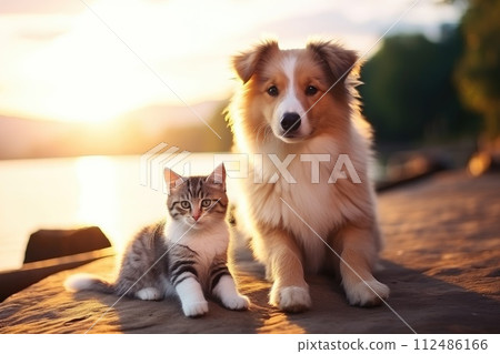 Cute kitty and puppy cudgeling together isolated .generative AI Cute kitty and puppy cudgeling together isolated .generative AI 112486166