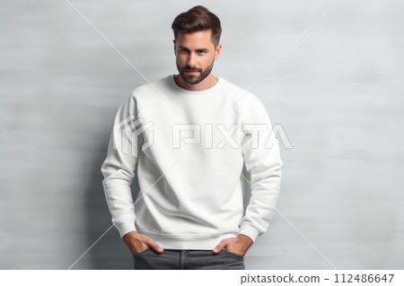 man wearing a white Blank mockup sweater . Generative AI 112486647