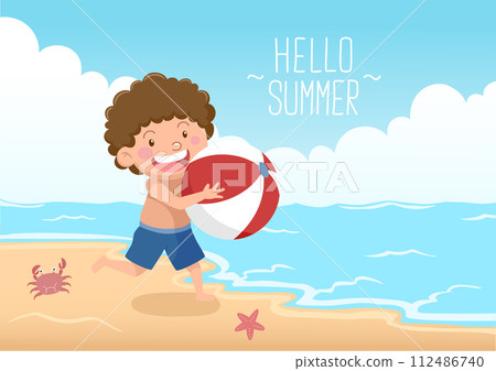 cute boy with beach ball at the beach hello summer 112486740
