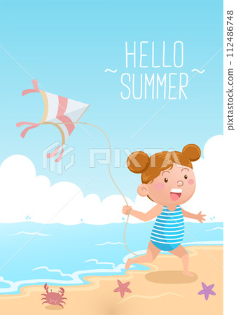 cute girl playing kite at the beach hello summer 112486748