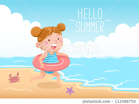 cute girl with swimming donut at the beach hello summer cute girl with swimming donut at the beach hello summer 112486750