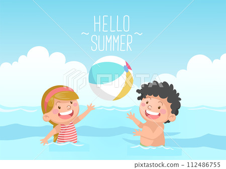 cute kids playing beach ball hello summer 112486755