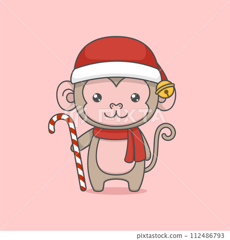 Cute Cartoon Christmas Monkey Holding Candy Cane Cute Cartoon Christmas Monkey Holding Candy Cane 112486793