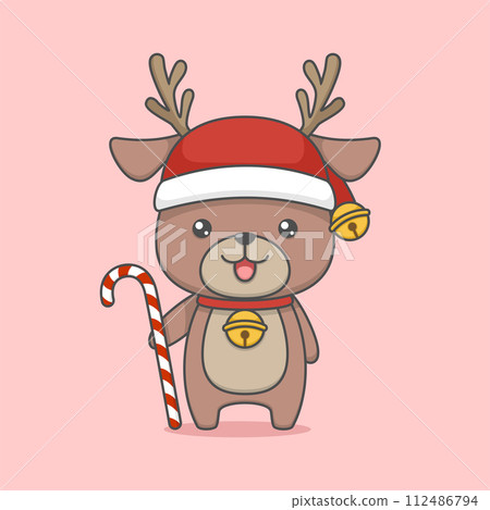 Cute Cartoon Christmas Reindeer Holding Candy Cane 112486794