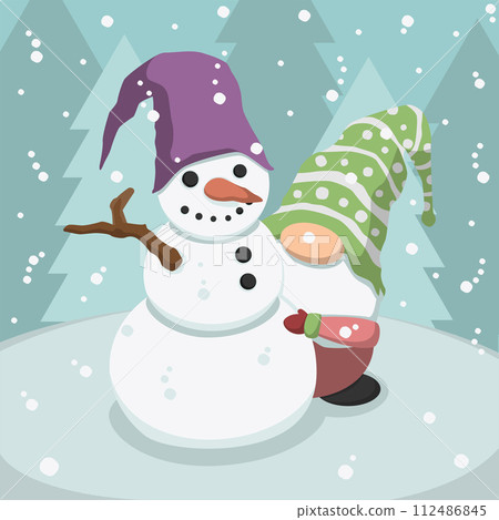 Cute Cartoon Gnome Making Snowma 112486845