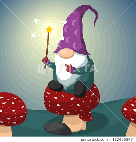 Cute Cartoon Gnome On Mushroom Holding Magic Wand Cute Cartoon Gnome On Mushroom Holding Magic Wand 112486847