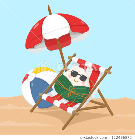 cute and kawaii chinese sticky rice dumpling zongzi character tanning on beach chair cute and kawaii chinese sticky rice dumpling zongzi character tanning on beach chair 112486873
