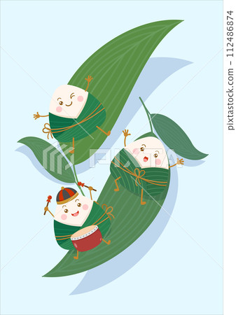 cute and kawaii chinese sticky rice dumpling zongzi characters and bamboo leaves cute and kawaii chinese sticky rice dumpling zongzi characters and bamboo leaves 112486874