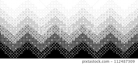 Pixelated zig zag line gradient texture. Black dithered gradation background. Retro bitmap video game wallpaper. Vintage pixel halftone 8 bit overlay print. Vector zigzag striped fading backdrop 112487309
