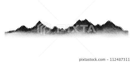 Black grunge halftone mountain range. Textured landscape terrain silhouette. Fading grainy hills chain wallpaper. Grungy dotted mountain peaks background. Vector vanishing rock view illustration Black grunge halftone mountain range. Textured landscape terrain silhouette. Fading grainy hills chain wallpaper. Grungy dotted mountain peaks background. Vector vanishing rock view illustration 112487311