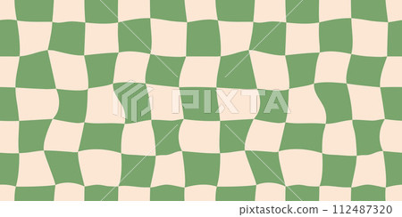 Seamless green checkerboard pattern. Repeating distorted checkered texture. Groovy trippy abstract background. Vintage retro style wallpaper for textile, fabric, wrapping paper. Vector check surface 112487320