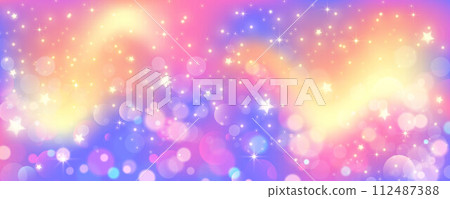 Purple unicorn background. Pastel wavy watercolor sky with glitter stars and bokeh. Fantasy galaxy with holographic texture. Magic marble space. Vector Purple unicorn background. Pastel wavy watercolor sky with glitter stars and bokeh. Fantasy galaxy with holographic texture. Magic marble space. Vector 112487388