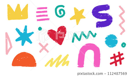 Abstract element shape set. Color graphic modern abstract sticker element. Doodle geometric collage star, crown, heart shape set. Hand drawn texture grunge brush modern effect. Vector Abstract element shape set. Color graphic modern abstract sticker element. Doodle geometric collage star, crown, heart shape set. Hand drawn texture grunge brush modern effect. Vector 112487569