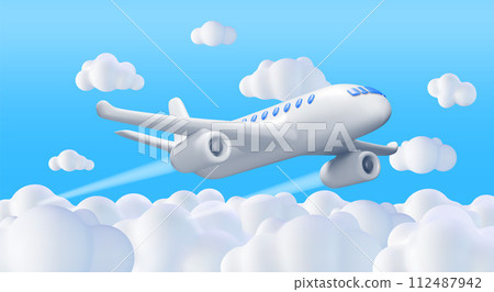 3D White Realistic Airplane in Clouds 112487942