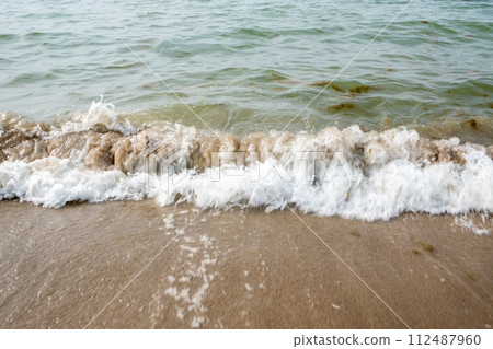 Dynamic Seashore: Waves Crashing on Sandy Beach 112487960