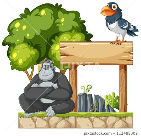 Gorilla and Bird in a Jungle Scene Gorilla and Bird in a Jungle Scene 112488302