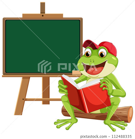Educational Frog with Book and Chalkboard 112488335