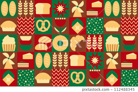 Baking and dessert in trendy geometric style - seamless pattern with icons related to bakery, cafe, cupcakes and logo design templates 112488345