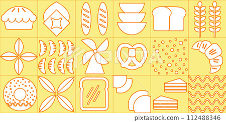 Baking and dessert in trendy geometric style - seamless pattern with icons related to bakery, cafe, cupcakes and logo design templates 112488346