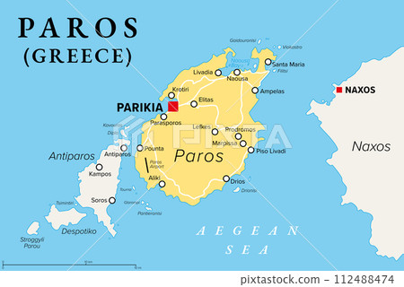 Paros, Greek island, political map. Island of Greece in the Aegean Sea, west of Naxos, and part of the Cyclades. With the islands Antiparos, Despotiko and Stroggyli in the west. Illustration. Vector. Paros, Greek island, political map. Island of Greece in the Aegean Sea, west of Naxos, and part of the Cyclades. With the islands Antiparos, Despotiko and Stroggyli in the west. Illustration. Vector. 112488474