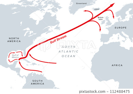 Gulf Stream, gray political map. A warm and swift Atlantic Ocean current, originating in the Gulf of Mexico, flowing through the Straits of Florida up the coastlines of the United States and Canada. Gulf Stream, gray political map. A warm and swift Atlantic Ocean current, originating in the Gulf of Mexico, flowing through the Straits of Florida up the coastlines of the United States and Canada. 112488475