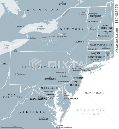Mid-Atlantic region of the United States, gray political map. The overlap between the Northeastern and Southeastern states, including Delaware, D.C., Maryland, New Jersey, New York and Pennsylvania. Mid-Atlantic region of the United States, gray political map. The overlap between the Northeastern and Southeastern states, including Delaware, D.C., Maryland, New Jersey, New York and Pennsylvania. 112488476
