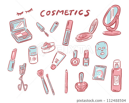化妝品化妝品粉紅色和淺藍色手繪風格插畫集 化妝品化妝品粉紅色和淺藍色手繪風格插畫集 112488504
