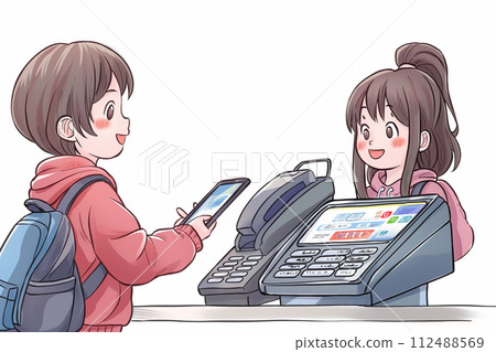 A woman making a touch payment at a self-checkout 112488569