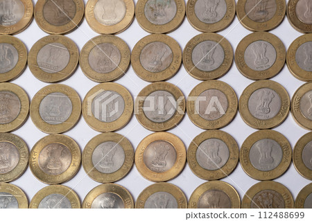 India 10 rupees coins on white background or texture, top view 112488699