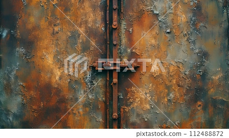 A rusted metal door with a rusted handle 112488872