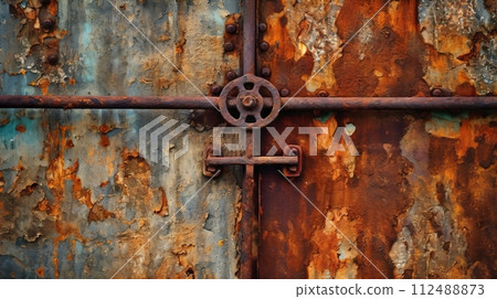 A rusted metal door with a rusty lock 112488873
