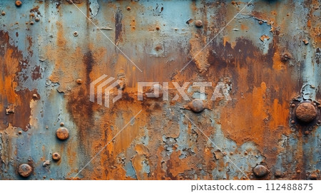 A rusted metal surface with lots of rivets 112488875