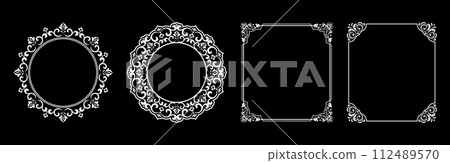Set of decorative frames Elegant vector element for design in Eastern style, place for text. Floral black and white borders. Lace illustration for invitations and greeting cards. Set of decorative frames Elegant vector element for design in Eastern style, place for text. Floral black and white borders. Lace illustration for invitations and greeting cards. 112489570