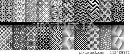 Geometric set of seamless black and white patterns. Simple vector graphics 112489571