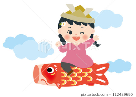 Illustration of a girl riding a carp streamer, white background 112489690