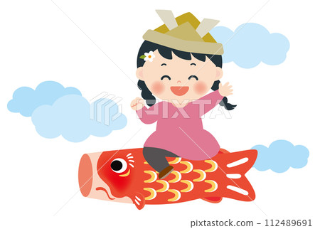 Illustration of a girl riding a carp streamer, white background 112489691