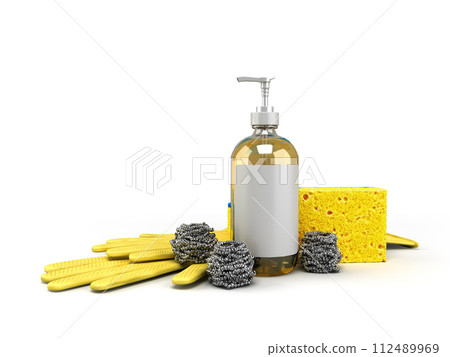 set of utensils for washing dishes 3d render on white 112489969