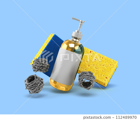sponges for washing dishes fly in air 3d render on blue background 112489970
